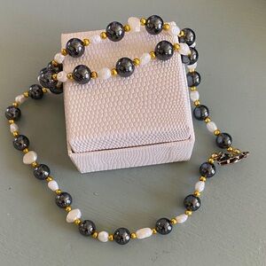 Hematite, White Pearl & Gold Bead Necklace